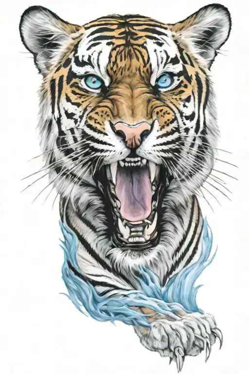 Tiger Roaring With Light Blue Beaming Eyes
