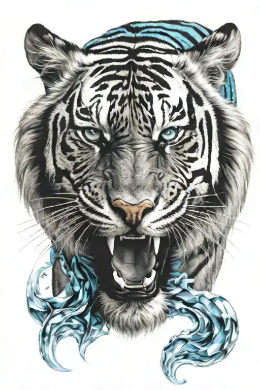 Tiger Roaring With Light Blue Beaming Eyes
