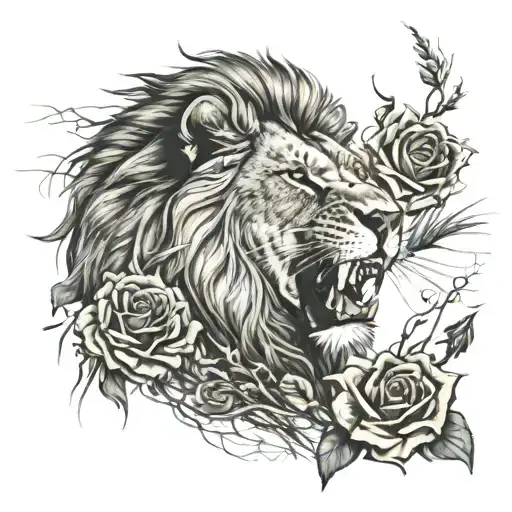 A Male Lion With Roses And Savannah Type Grass The Evil Lion Opens Its Mouth We See The Fangs