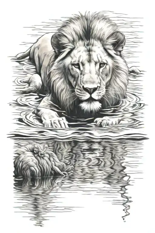 Make A Lion Looking In A River And The Reflection Is A Baby Lion