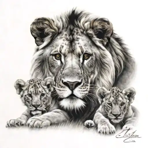 Lion With 4 Cubs Playing