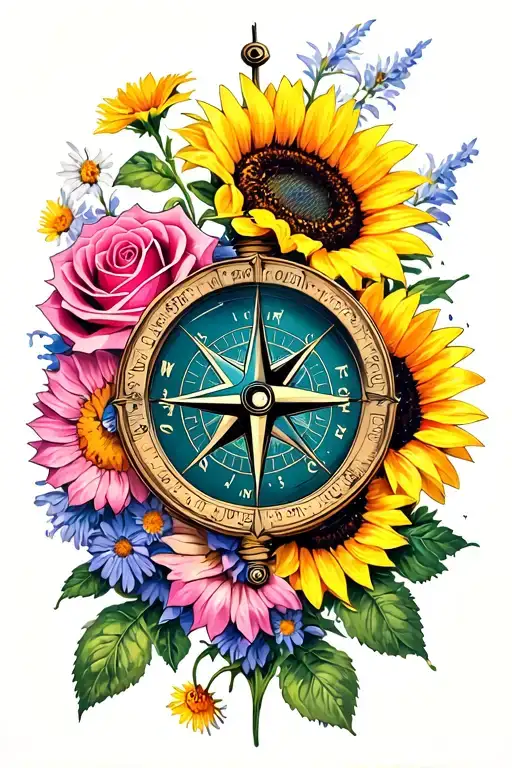 Compass Surrounded By Sunflower And Aster And Rose And Marigold
