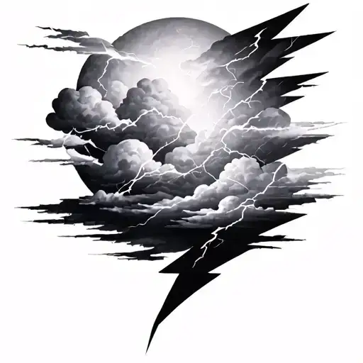 Softly Shaded Black And Grey Lighting Bolts And Clouds