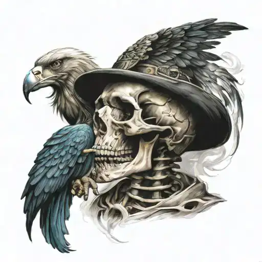 Van Gogh Smoking Skeleton With Eagle Headdress Being Worn