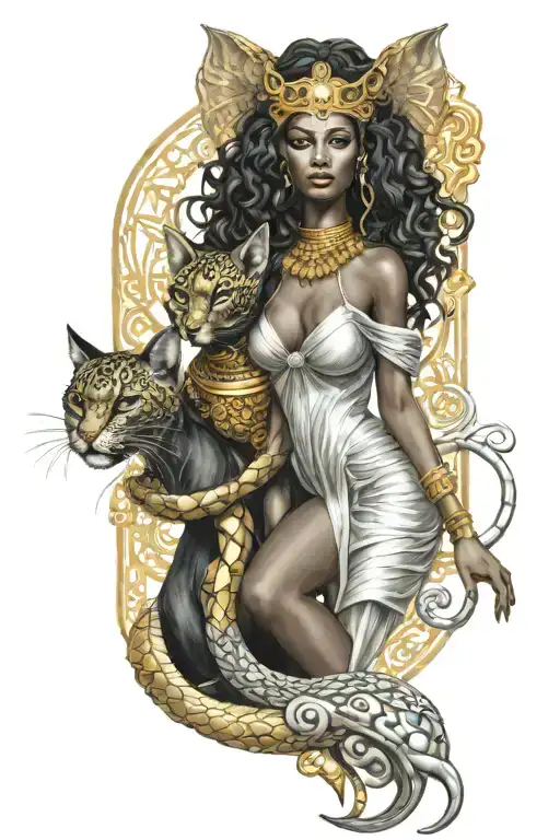 Medusa And Bastet Goddess Sexy Black Women Posing Together In Matching Gold And Silver Dresses