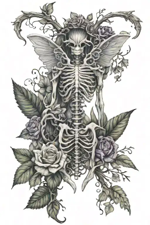Realistic Curved Spine Scoliosis Tattoo With Skeleton Wings Gothic Tattoo With Vines And Flowers