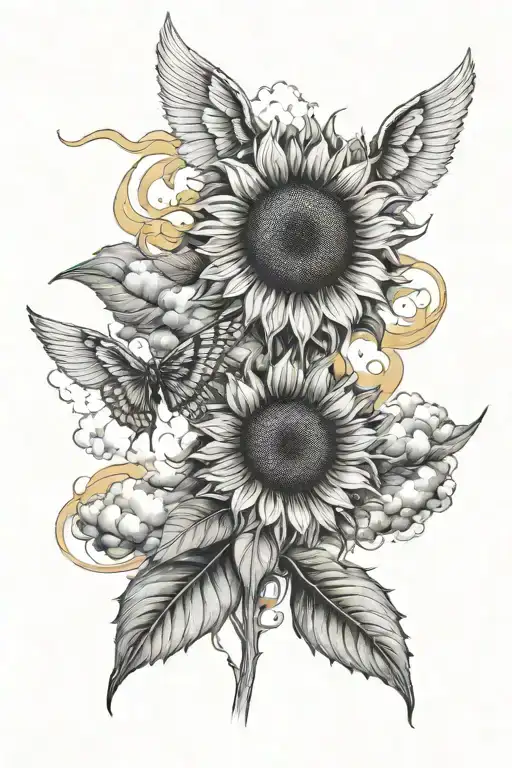Sunflower With Wings And Clouds Surrounding