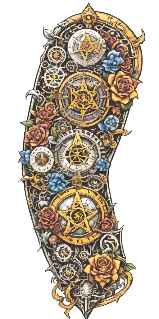 Steam Punk Inspired With Masonic Symbols And Bright Flowers