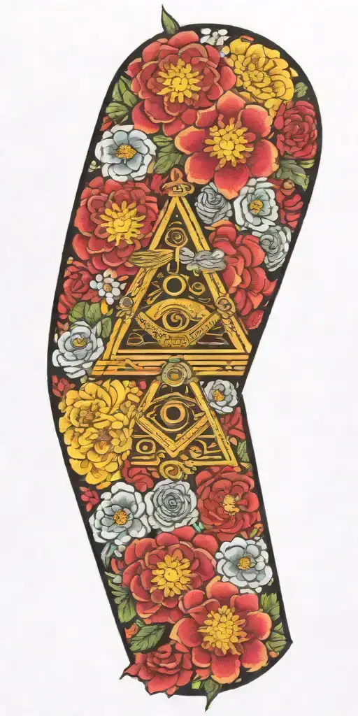 Japanese Inspired With Masonic Symbols And Bright Flowers