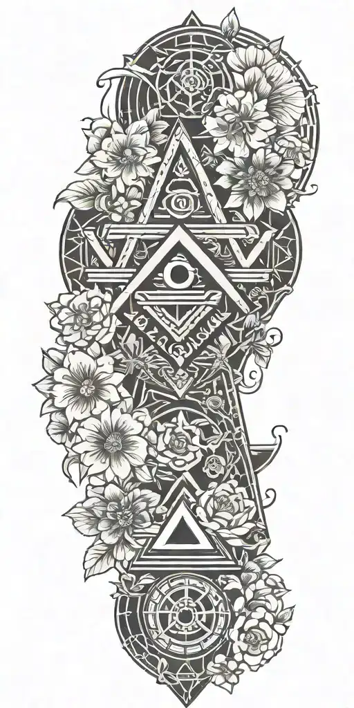 Japanese Inspired With Masonic Symbols And Bright Flowers