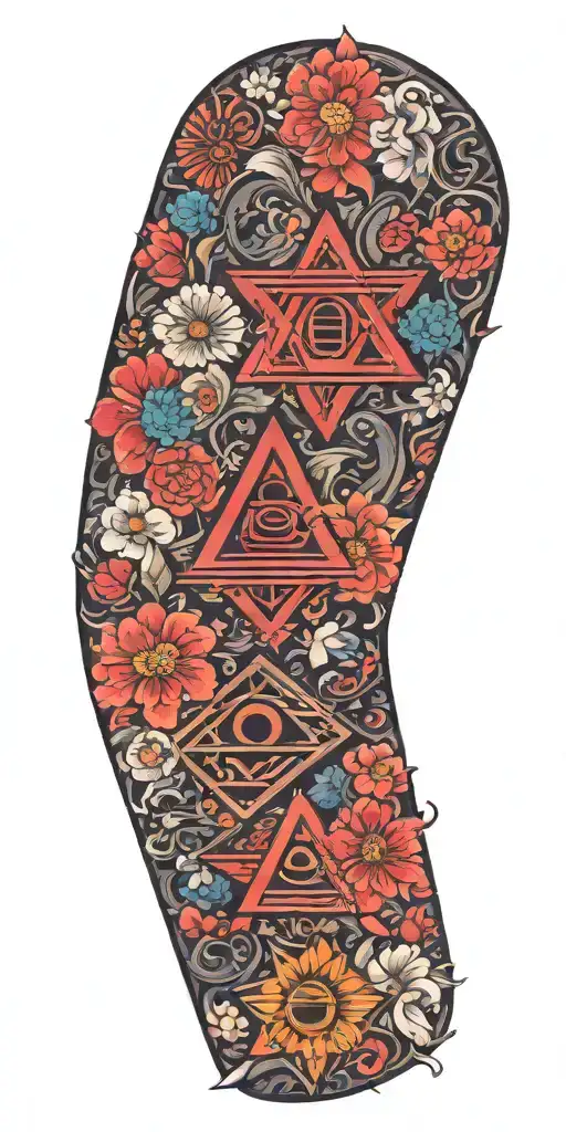 Japanese Inspired With Masonic Symbols And Bright Flowers