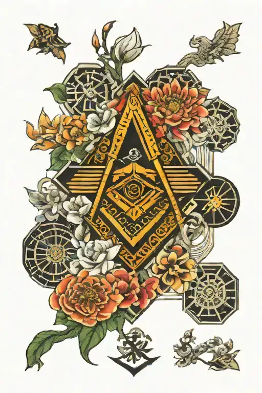 Japanese Inspired With Masonic Symbols And Bright Flowers