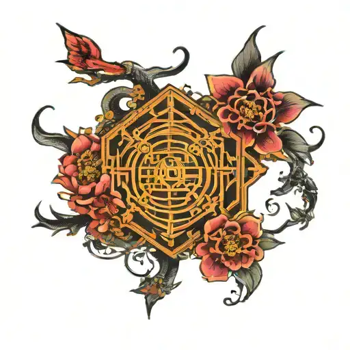 Japanese Inspired With Free Masonary Symbols And Bright Flowers