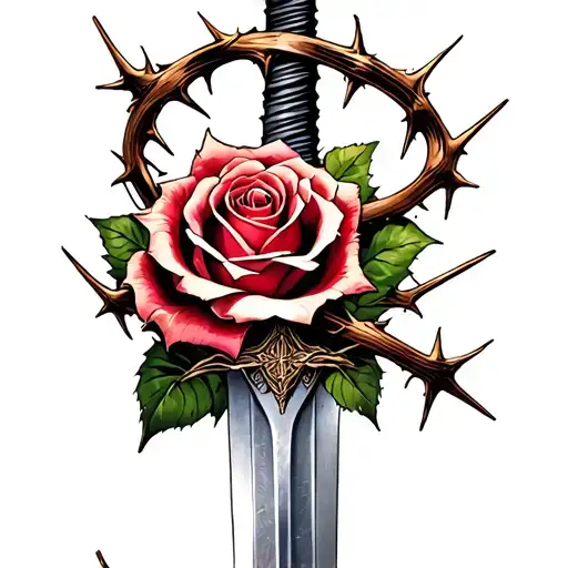 Rose With Sword And Thorns Wrapped Around Most Of The Sword