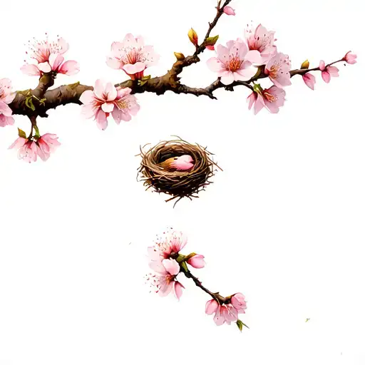 Bird Nest Resting On A Cherry Blossom Branch