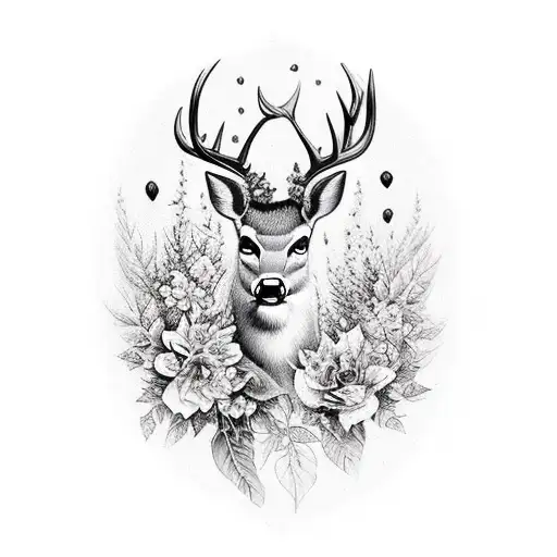 Busty Nature Deer Mountains Waterfall Trees Leaves Flowers Black White