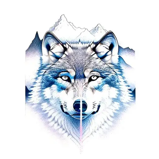 Wolf Outline With Mountains And Aurora Borealis