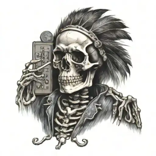 Van Gogh Smoking Skeleton Wearing Eagle Feather Native Headdress Sitting On Slot Machine Hitting 777