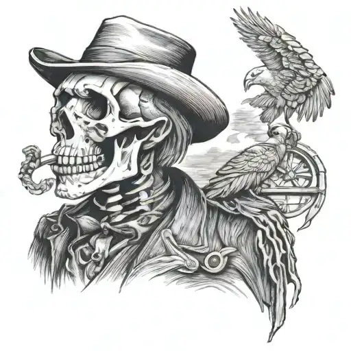 Van Gogh Smoking Skeleton Modern With Cowboy Hat And Eagle On His Shoulder