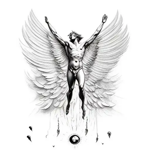 Icarus Falling From The Sun With His Wax Wings And Feathers Melting Around Him