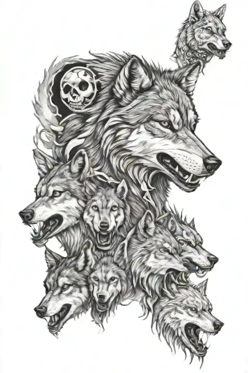 Pack Of Wolf With Skulls Leaning And Forming
