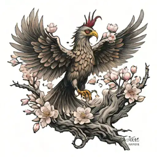 Phoenix Rising From Cherry Blossoms