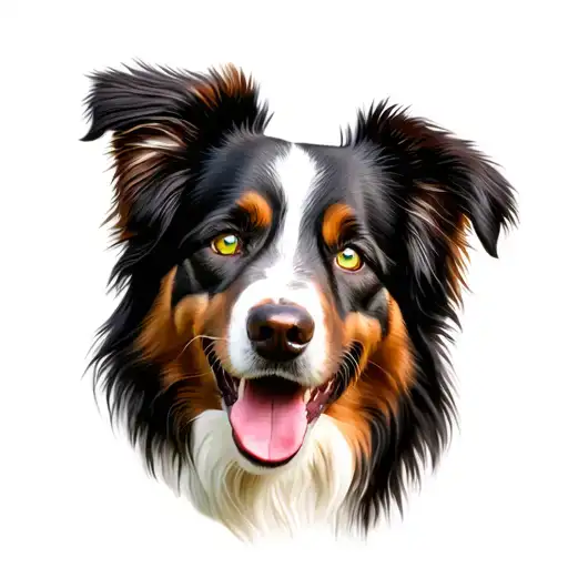 Australian Shepherd Dog With Flipped Ears Panting And Smiling Green Eyes
