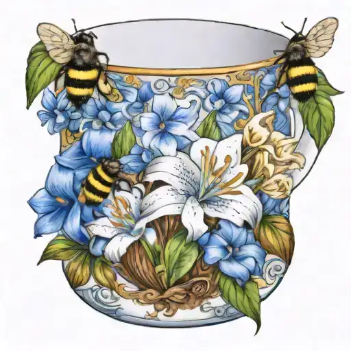 A Coffee Mug With Coffee In It Surrounded By Lilies And Blue Bell Flowers With A Bumble Bee