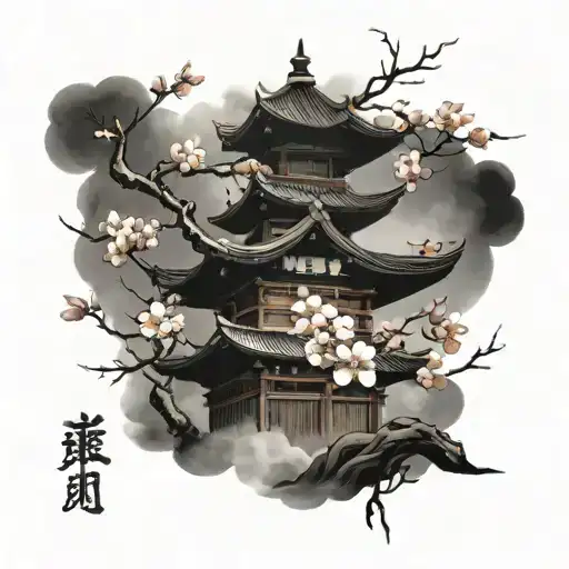 Japanese Pagoda Samurai And Blossom Flowers Growing