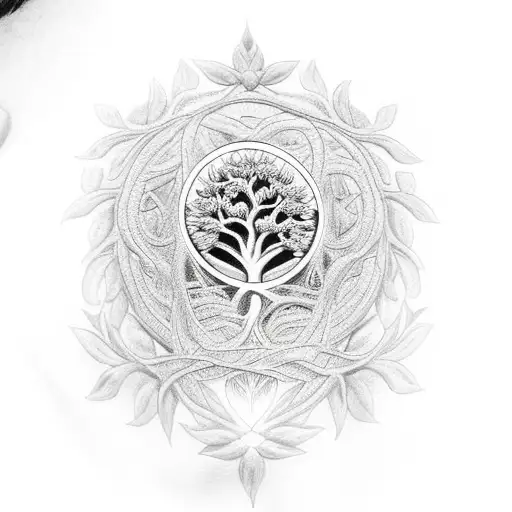 Tree Of Life With Flower Of Life Fading Roots