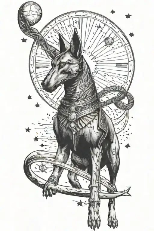 Anubis On A Leash Against The Background Of The Moon And Stars