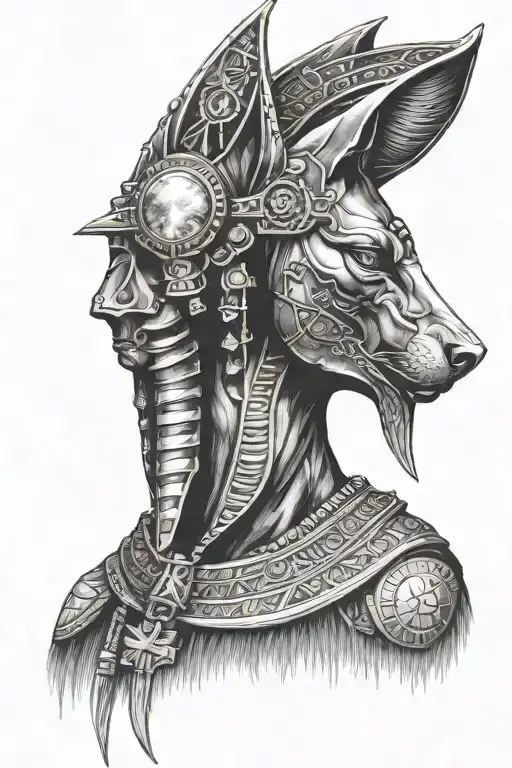 God Anubis In Half Profile Against The Night Sky With A Full Moon Cross