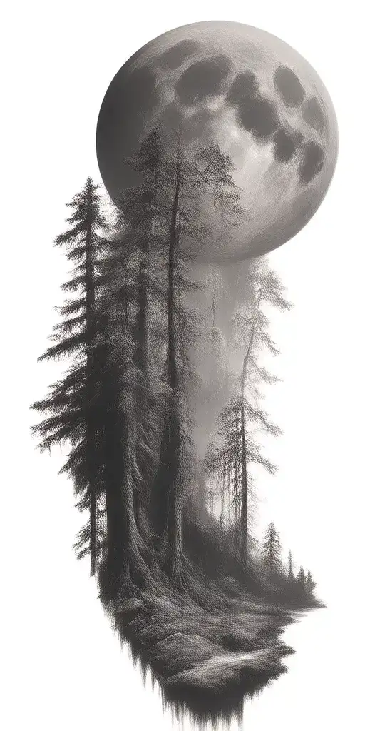 Massive Forest Landscape With Huge Moon In The Background