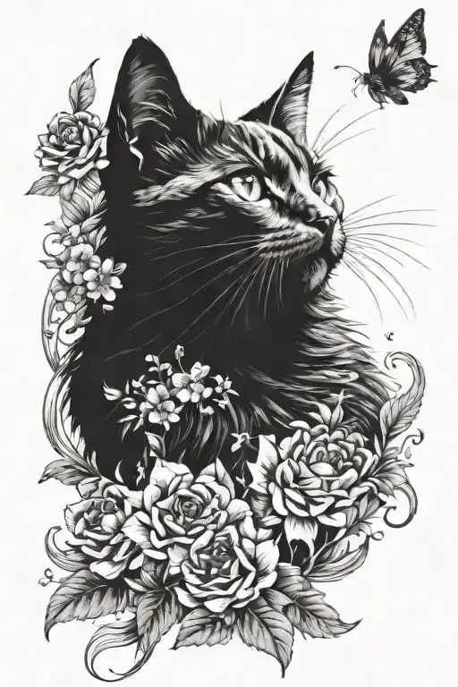 Blavk Cat With Flowers Surrounding