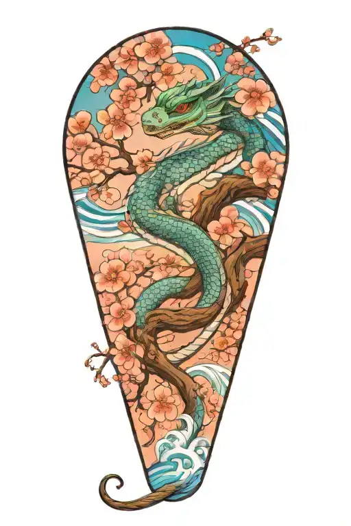 Japanese Water Dragon With Waves And Cherry Blossom Tree