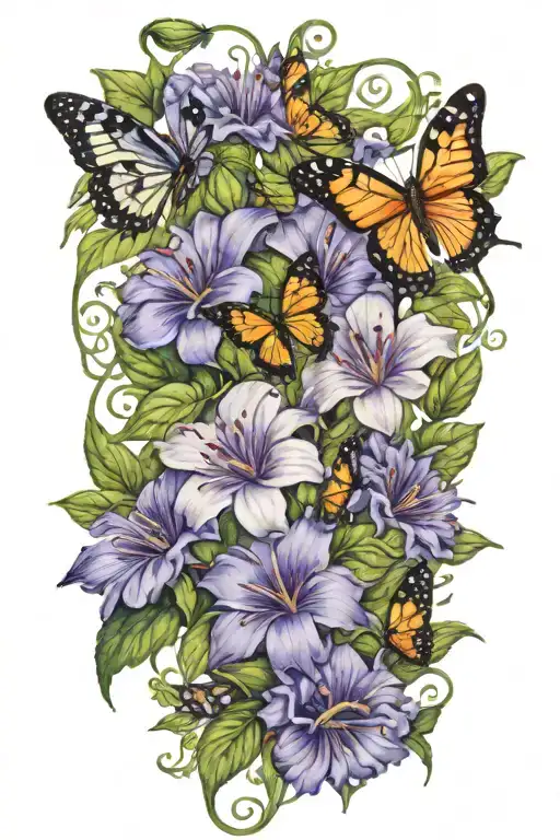 Aster And Morning Glory Vine With Butterflies And Honeybees