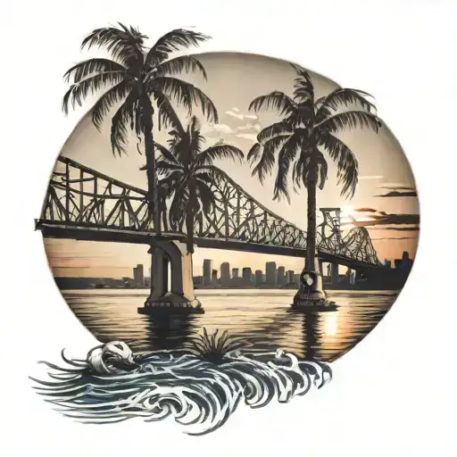Bay Bridge With Palm Trees Water And Sunset Sky