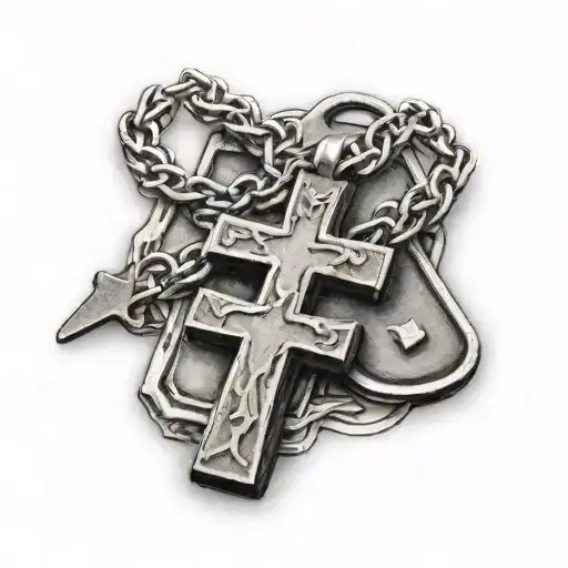Cross Tattoo With Dog Tags Hanging