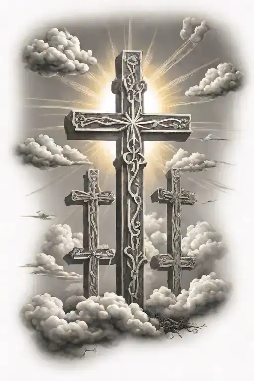 3 Crosses With Clouds And Sun Rays In Top Right Corner