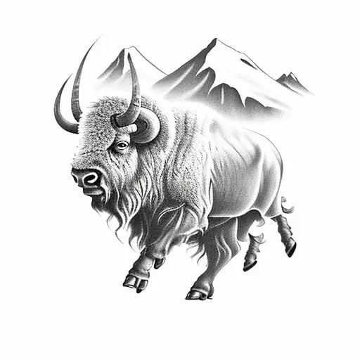 Bison Running Toward A Storm With Mountains In The Background