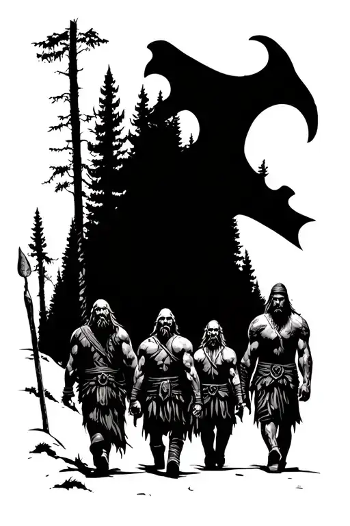 Viking Family Walking A Path In The Forest Scene