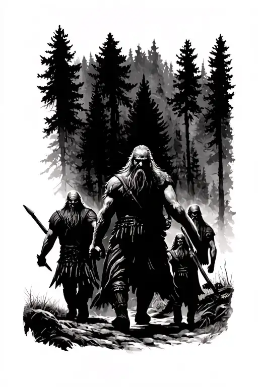 Viking Family Walking A Path In The Forest Landscape