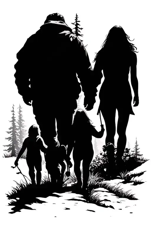 Family Walking A Path In The Forest