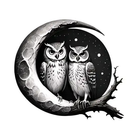 Owls Sitting On Crescent Moon
