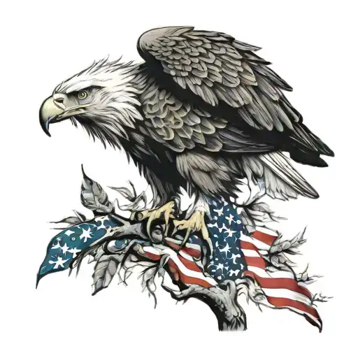 Eagle On A Branch Surrounded By American Flag