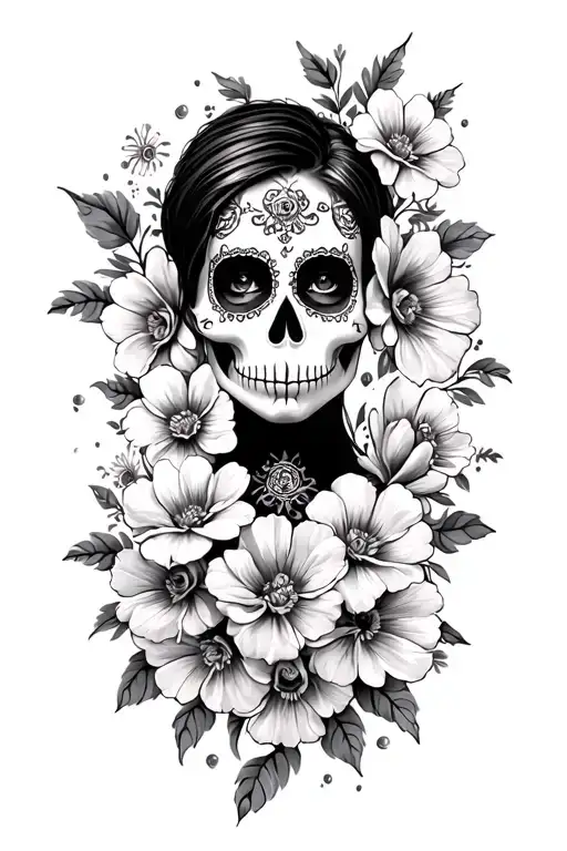 A Short Hair Muerte With Flowers Without Mask In Black And White