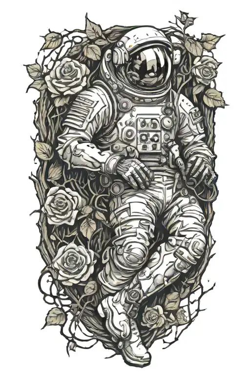 Dead Astronaut Lying Against A Log On The Side Of The Road Wrapped In Vines With Roses And Thorns