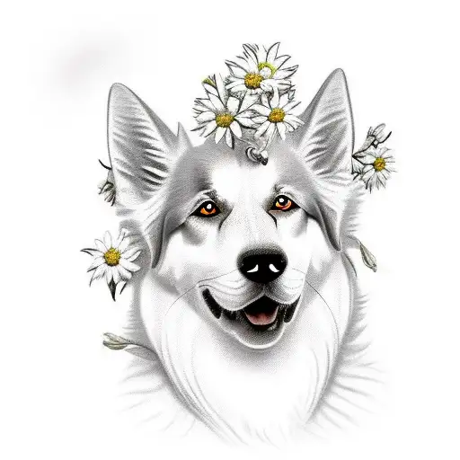 White Swiss Shepherd Dog With Edelweiss Flowers Around Him