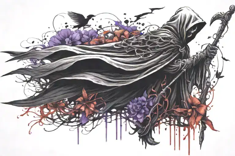 Grim Reaper With Crow In Black And White With Purple Flowers