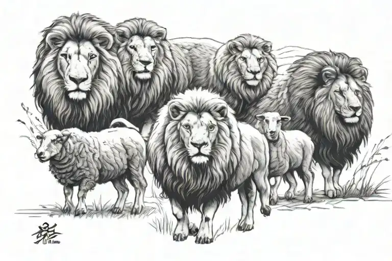 A Pack Of Sheep Led By A Lion